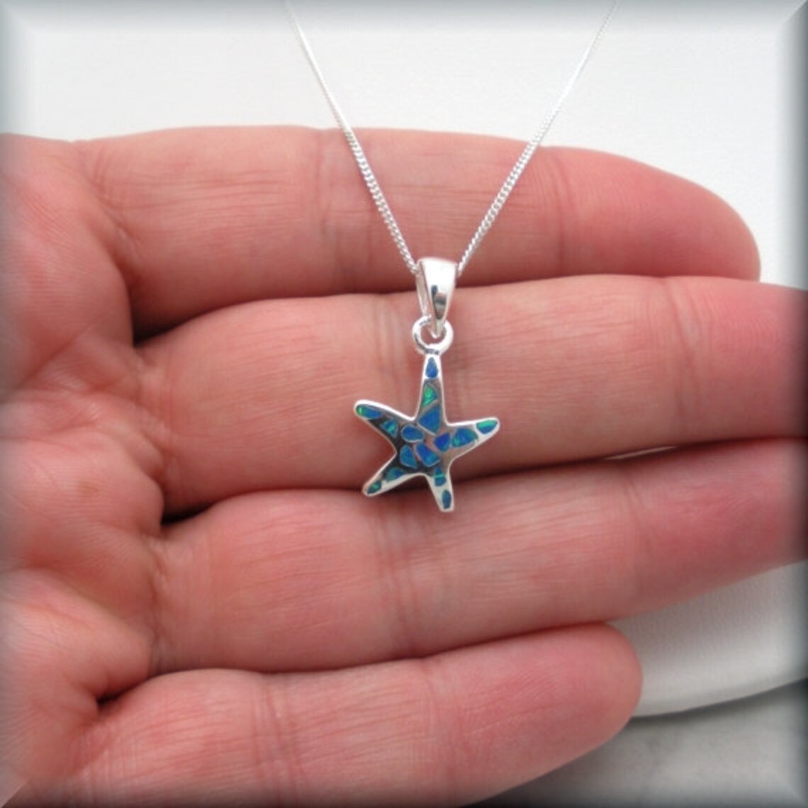 Silver Blue Opal Starfish Pendant Necklace
