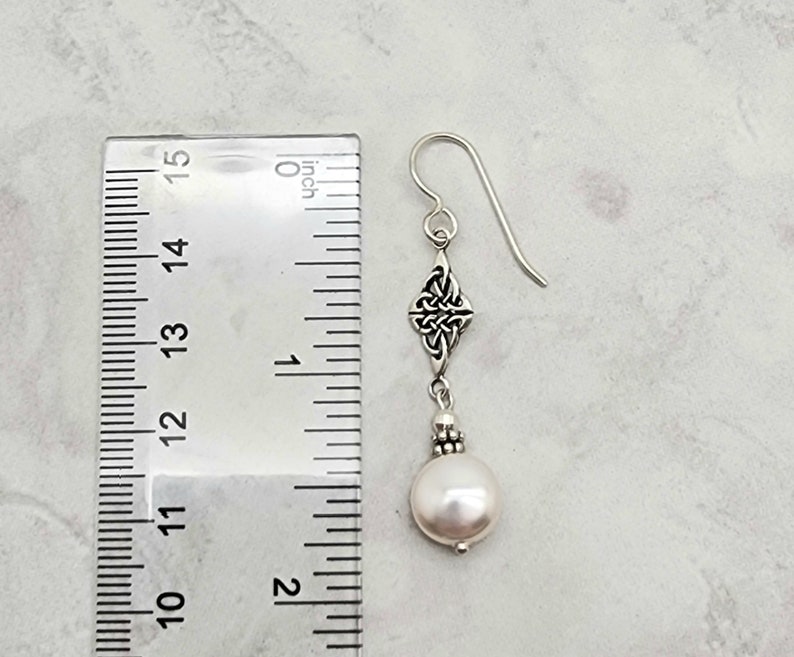 White Coin Pearl Earrings, Pearl Celtic Knot Earrings, 925 Sterling Silver, Celtic Dangle, Gift for Her, Fancy, Irish Knot, Womens Earring image 4