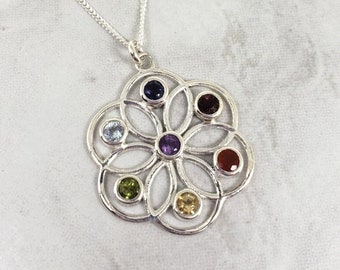 Chakra Flower Necklace, Sterling Silver, Chakra Jewelry, Yoga Necklace, Seven Chakras, Spiritual, Wellness, Filigree Flower Everyday Pendant