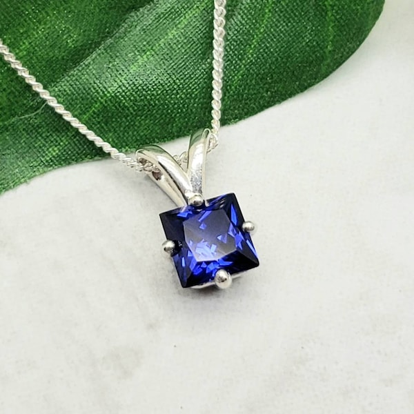 Blue Sapphire Princess Cut Necklace, Gemstone Necklace, Sterling Silver, September Birthstone Birthday Gift, 6mm Square Solitaire Pendant
