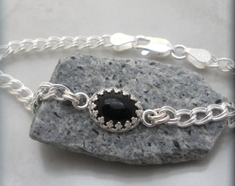 Black Onyx Bracelet, 925 Sterling Silver Chain, Oval Cabochon, Gemstone Bracelet, Black Onyx Jewelry, Natural Stone Bracelet, Everyday