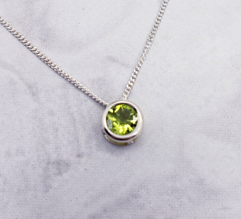 Peridot Slider Necklace, Layering, Feminine, 6mm Solitaire Pendant, Sterling Silver, Green Gemstone, August Birthstone, Birthday Gift image 2