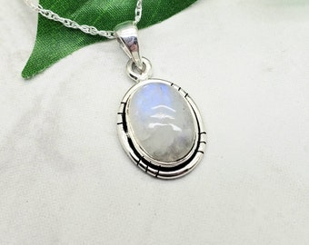 Oval Rainbow Moonstone Necklace, Sterling Silver, Gemstone Jewelry, Moonstone Pendant, Oval Cabochon, Feminine Gift for Her, June Birthstone