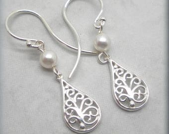 White Pearl Filigree Earrings, Sterling Silver, Filigree Teardrops, Small Filigree Earrings, Bridal Jewelry, Lightweight, Feminine, Pretty