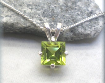 Princess Cut Peridot Necklace, 6mm Square Gemstone Pendant, Sterling Silver, August Birthstone, August Birthday Gift, Peridot Solitaire