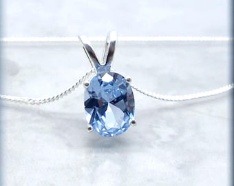 Sky Blue Spinel Sterling Silver Necklace - 9x7mm Oval Cut Solitaire Pendant - Lab Created Faceted Gemstone