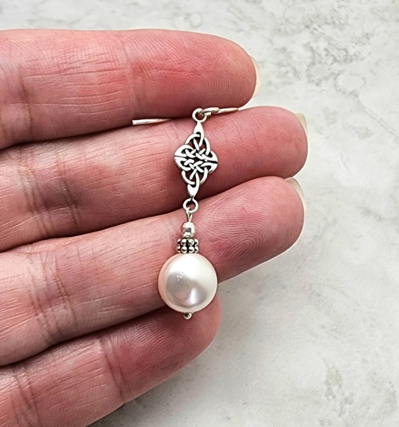 White Coin Pearl Earrings, Pearl Celtic Knot Earrings, 925 Sterling Silver, Celtic Dangle, Gift for Her, Fancy, Irish Knot, Womens Earring image 5