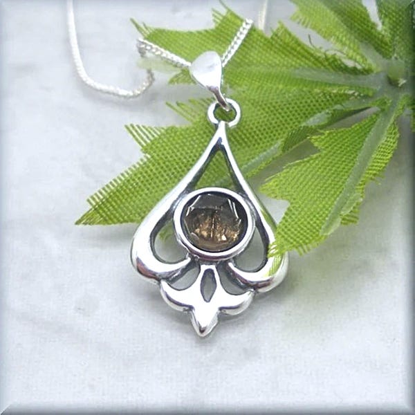 Smoky Topaz Filigree Sterling Silver Necklace, Rose Cut Genuine Gemstone