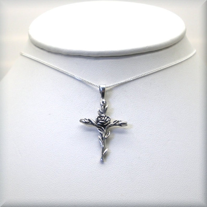 Sterling Silver Cross Necklace with Rose, Religious Jewelry, Faith, Easter, Cross Pendant Everyday Minimalist Gift for Her Confirmation Gift image 4