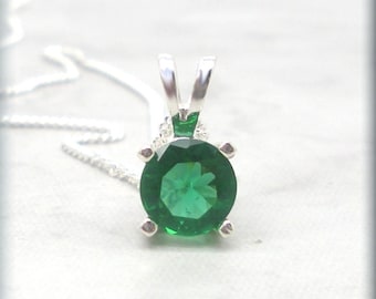 Round Emerald Necklace, May Birthstone, 6mm Simulated Emerald Pendant, Sterling Silver, Gemstone Jewelry, Gift for Her, Valentines Day Gift,