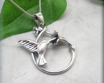 Infinity Hummingbird Necklace Sipping Nectar , Trumpet Flower, 925 Sterling Silver, Bird Lover, Nature Necklace, Hummingbird Jewelry, Avian