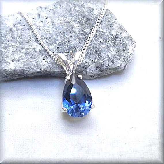 Pear Blue Sapphire Necklace, Sterling Silver Teardrop Pendant, September Birthstone, 9x6mm Solitaire