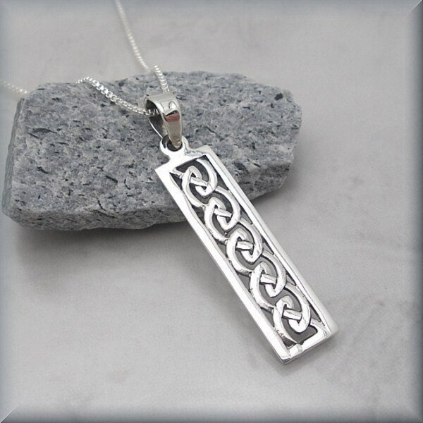 Celtic Knot Necklace Bar Necklace, Birthday Day Gift for Her, Sterling Silver Irish Jewelry Rectangle Pendant