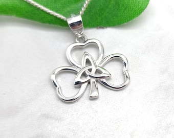 Celtic Shamrock Sterling Silver Necklace, Triquetra Knot, Three Leaf Clover Irish Good Luck