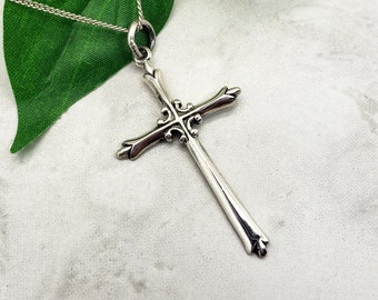 Simple Sterling Silver Cross Necklace with Flourish Accent, Religious Necklace, Christian Faith, Easter Gift, Cross Pendant, Gift for Her