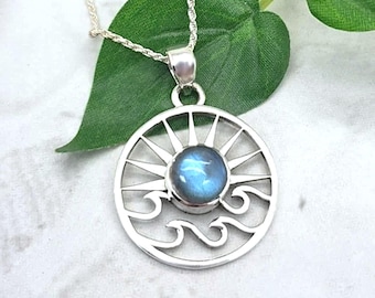 Labradorite Gemstone Ocean Sun Necklace, Sterling Silver Pendant Beach Jewelry