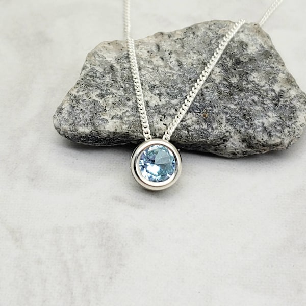 Sky Blue Topaz Slider Necklace, Layering Necklace, Feminine, 6mm Solitaire Pendant, Sterling Silver, Minimalist, Light Blue, Soft Color