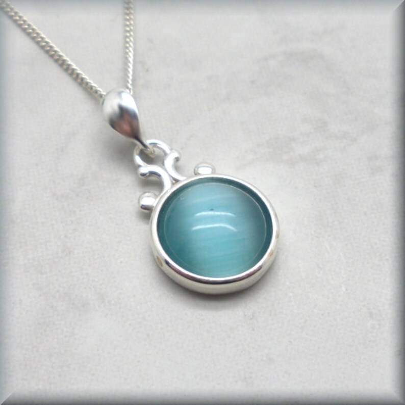Turquoise Blue Cats Eye Necklace Cabochon Necklace Sterling Etsy