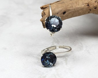 Indian Sapphire Crystal Earrings, Blue Gray Jewelry, Sterling Silver, Minimalist, Leverback Earrings, Sparkly, Christmas Gift for Her