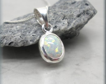 Petite Oval Opal Necklace, Sterling Silver, Feminine, Small, White Opal Jewelry, October Birthstone, October Birthday Gift for Her, Created