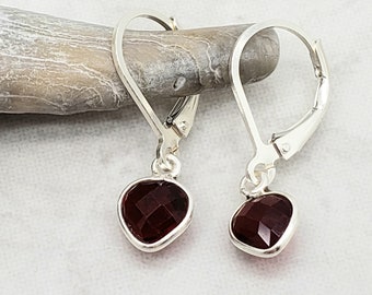 Sweet Garnet Quartz Heart Earrings, Leverback Earring, Sterling Silver, January Birthstone Birthday, Lightweight, Gift for Her, Mother, Mom