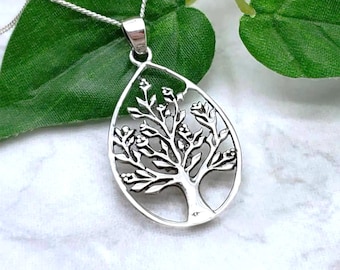 Silver Tree of Life Necklace, Teardrop Shape, Gift for Mom - Main Image