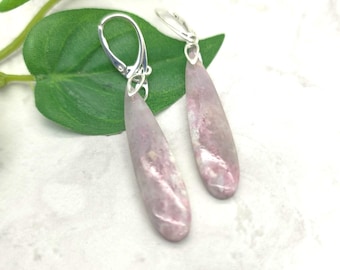 Pink Tourmaline in Purple Lepidolite Teardrop Cabochon Earrings, Sterling Silver Leverback, Long Teardrop Shape, Natural Stone Jewelry, Gift