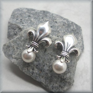 Pearl Fleur de Lis Earrings, Pearl Earrings, Sterling Silver, Wedding Earrings, Lily, Flower , Stud, Post, Mother of the Bride image 4