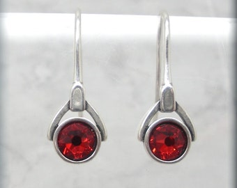 July Crystal Birthstone Earrings, Ruby Faceted Crystal, 925 Sterling Silver, July Birthday Gift for Her, Valentines Day Gift, Simple, Red