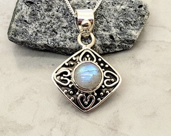 Scrollwork Rainbow Moonstone Necklace, Sterling Silver, Natural Gemstone Jewelry, June Birthstone Birthday, Oxidized, Gift for Mom, Mother