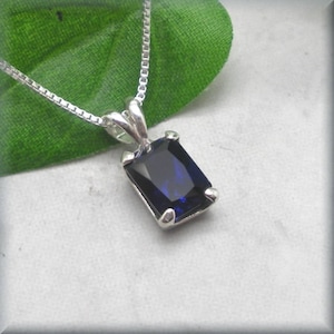 Emerald Cut Blue Sapphire Necklace, Sterling Silver, September Birthstone, Blue Sapphire Jewelry, 8x6 mm Gemstone Necklace, Blue Wedding