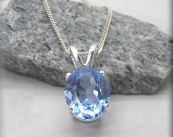 Oval Aquamarine Necklace, 10x8mm March Birthstone Jewelry, Birthday Gift, Valentines Day Gift, Sterling Silver, Simulated Gemstone Jewelry