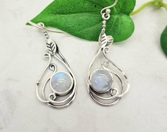 Leaf Pattern Rainbow Moonstone Earrings, Sterling Silver, Color Flash, June Birthstone, June Birthday, Feminine, Pretty, Nature, Gemstone