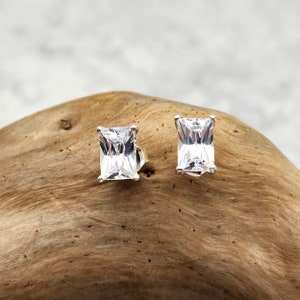Emerald Cut Cubic Zirconia Earrings, Rectangle CZ Earring, Sterling Silver, Post, Studs, Faux Diamond, Solitaire, Baguette, Small, Feminine