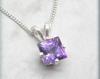 Princess Cut Amethyst Necklace, 925 Sterling Silver, February Birthstone Necklace, Gemstone Jewelry, 6mm Amethyst Pendant, Square