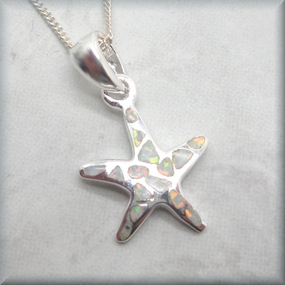 Sterling Silver Curved Whimsical Starfish Pendant White Simulated Opal Charm