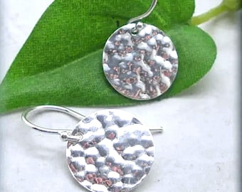 Hammered Sterling Silver Circle Earrings, Round Lightweight Dangle Earrings