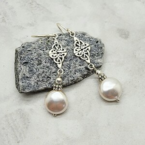 White Coin Pearl Earrings, Pearl Celtic Knot Earrings, 925 Sterling Silver, Celtic Dangle, Gift for Her, Fancy, Irish Knot, Womens Earring image 7