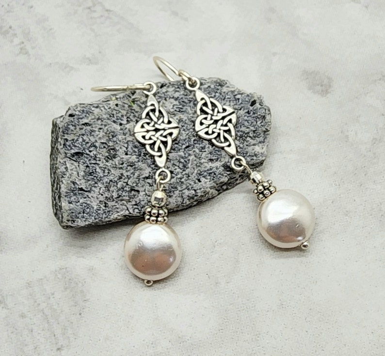 White Coin Pearl Earrings, Pearl Celtic Knot Earrings, 925 Sterling Silver, Celtic Dangle, Gift for Her, Fancy, Irish Knot, Womens Earring image 7