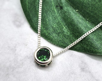 Emerald Green Slider Necklace, Layering, Feminine, 6mm Solitaire Pendant, CZ, Sterling Silver, Green Gemstone, May Birthstone, Birthday Gift