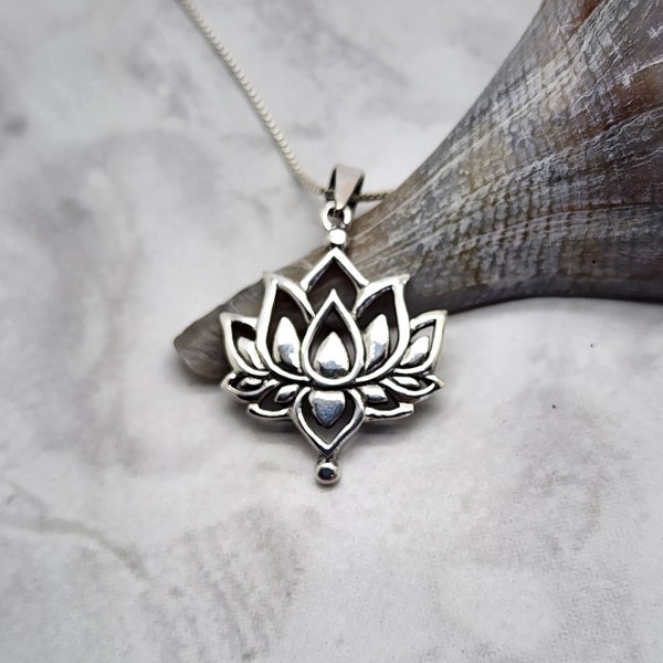 Stylized Silver Lotus Blossom Necklace, 925 Sterling Silver, Zen, Yoga Jewelry, Rebirth, Flower, Namaste, Simple, Everyday, Inspirational