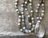 SALE - Hand Knotted Labradorite Nugget, Wood Bead & Soldered Vintage Crystal Necklace