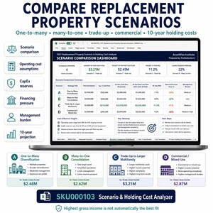 Puede incluir: Una pantalla de port&aacute;til que muestra un panel de an&aacute;lisis de escenarios de propiedades de reemplazo 1031. La interfaz presenta una tabla de comparaci&oacute;n de escenarios, informaci&oacute;n sobre costes y reservas, y un resumen de cuatro estrategias A a D.