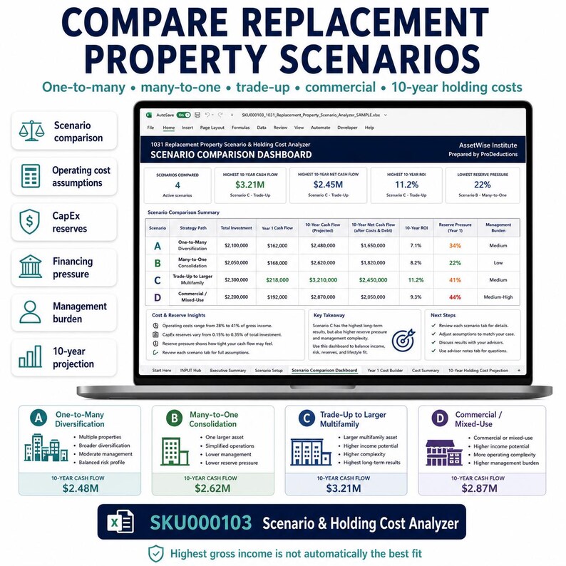 Puede incluir: Una pantalla de port&aacute;til que muestra un panel de an&aacute;lisis de escenarios de propiedades de reemplazo 1031. La interfaz presenta una tabla de comparaci&oacute;n de escenarios, informaci&oacute;n sobre costes y reservas, y un resumen de cuatro estrategias A a D.