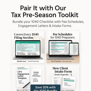 Bundle your 1040 checklist with matching tax templates and workflow tools. Includes fee schedule, intake form, and engagement letter options. Promotes 20% savings with the pre-season toolkit bundle. Encourages accountants to streamline all prep documents. Great cross-sell for tax professionals building a complete toolkit.