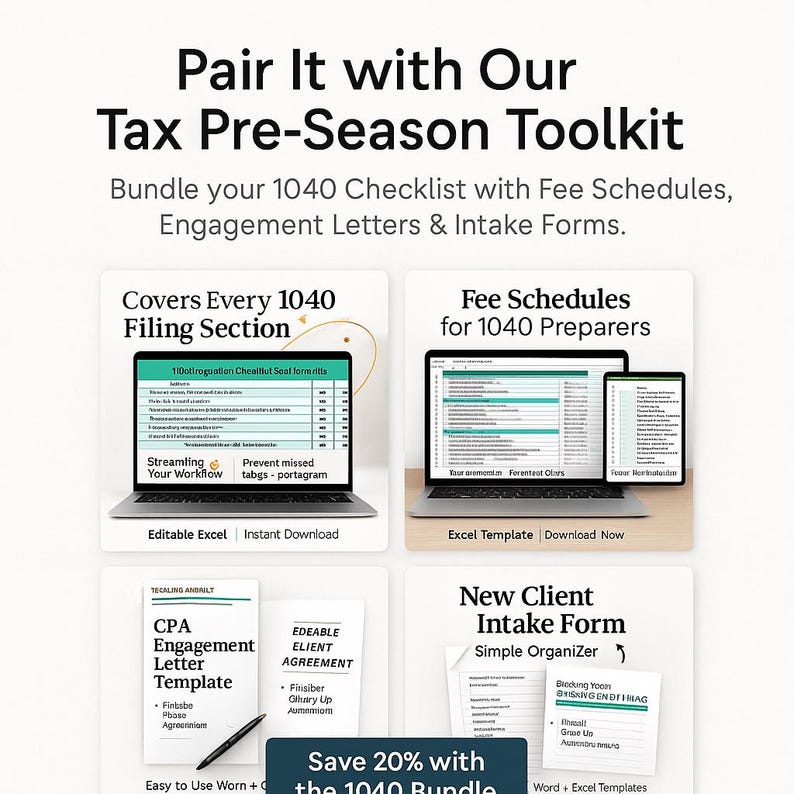 Bundle your 1040 checklist with matching tax templates and workflow tools. Includes fee schedule, intake form, and engagement letter options. Promotes 20% savings with the pre-season toolkit bundle. Encourages accountants to streamline all prep documents. Great cross-sell for tax professionals building a complete toolkit.