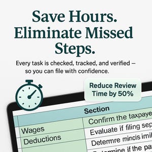 Save hours during 1040 season with this Excel tax preparation checklist. Built-in review boxes help eliminate missed steps and reduce rework. Features stopwatch and progress visuals to emphasize efficiency and accuracy. Ideal for accountants seeking streamlined client review systems. Designed to cut review time by up to 50%.