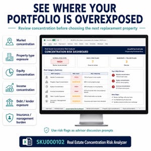Puede incluir: Un monitor de computadora que muestra un panel de an&aacute;lisis de riesgo de concentraci&oacute;n inmobiliaria. La pantalla presenta categor&iacute;as de riesgo, indicadores altos y moderados, y una tabla resumen. A la izquierda, una lista vertical de iconos representa factores de mercado, propiedad, capital, ingresos, deuda y seguros.