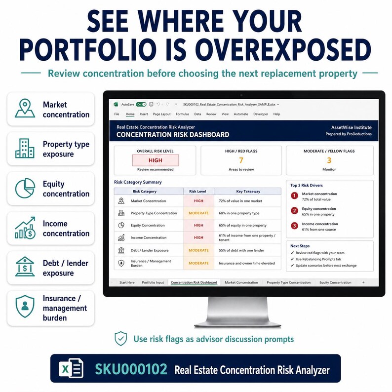 Puede incluir: Un monitor de computadora que muestra un panel de an&aacute;lisis de riesgo de concentraci&oacute;n inmobiliaria. La pantalla presenta categor&iacute;as de riesgo, indicadores altos y moderados, y una tabla resumen. A la izquierda, una lista vertical de iconos representa factores de mercado, propiedad, capital, ingresos, deuda y seguros.