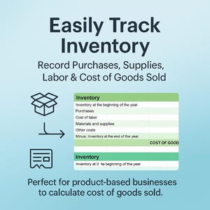 A product image focused on inventory tracking, with screenshot showing rows for purchases, supplies, and beginning inventory. Icon of a box highlights product-based business relevance. Subhead emphasizes calculating cost of goods sold accurately. Body text communicates how the tool helps reduce errors and simplify bookkeeping. Ideal for sellers and small retailers needing accurate COGS reporting.